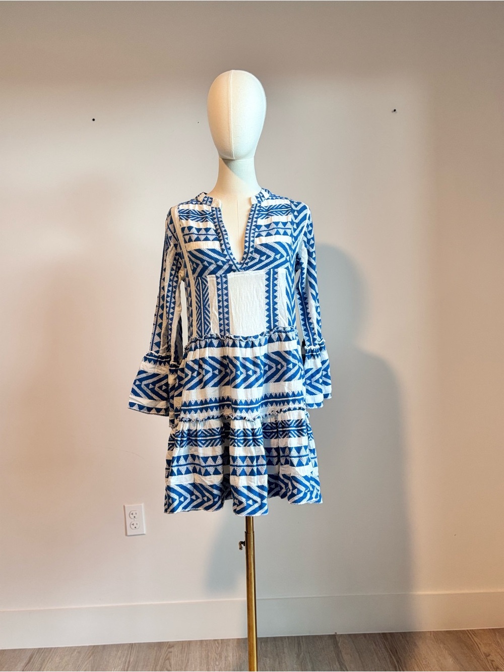 pookie & sebastian blue white geometric greek key tiered tunic dress size xs